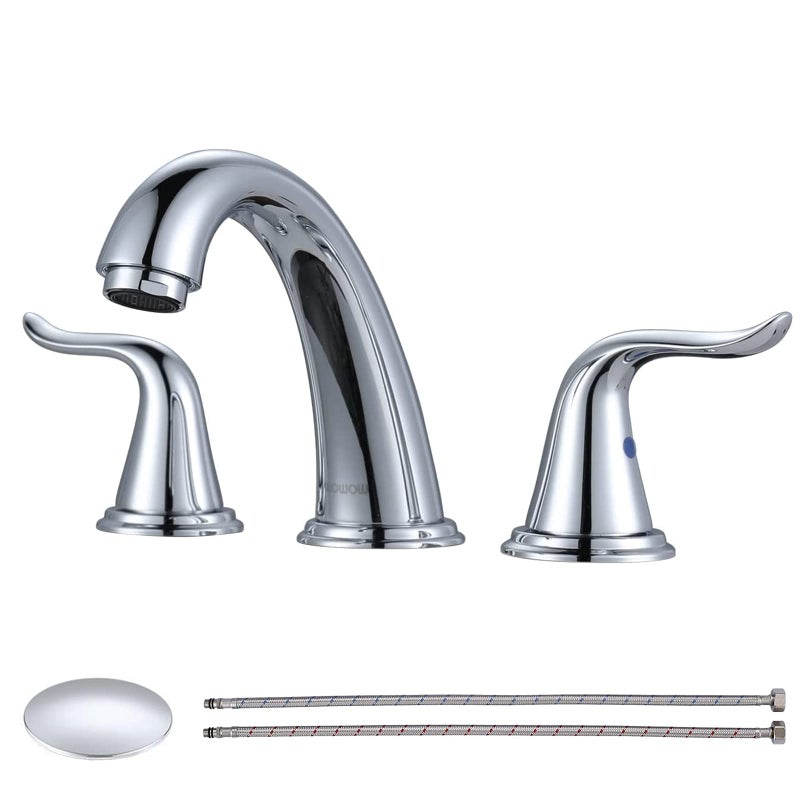 WOWOW 3 Hole Widespread Bathroom Faucet Chrome Bathroom Sink Faucets 2 Handle Bath Faucet 8 inch Vanity Faucet with Pop Up Drain Stopper Assembly Brass Mixer Taps for Bathroom Basin - Image 1